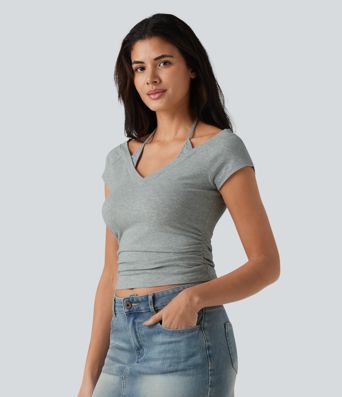 Halara Cotton Jersey Short Sleeve Tie-back Ruched 2-in-1 Casual T-Shirt