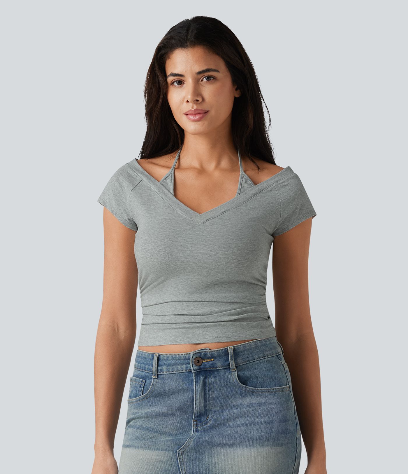 Halara Cotton Jersey Short Sleeve Tie-back Ruched 2-in-1 Casual T-Shirt