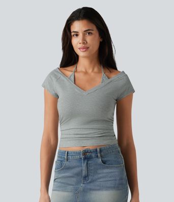 Halara Cotton Jersey Short Sleeve Tie-back Ruched 2-in-1 Casual T-Shirt
