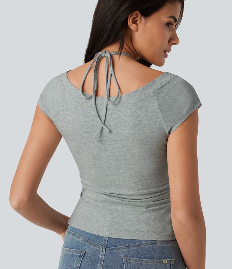 Halara Cotton Jersey Short Sleeve Tie-back Ruched 2-in-1 Casual T-Shirt