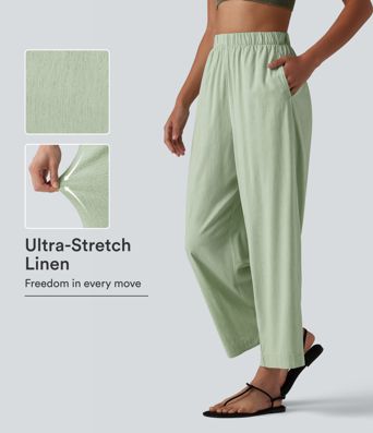 High Waisted Straight Leg 7/8 Casual Stretch Linen Pants with Pockets