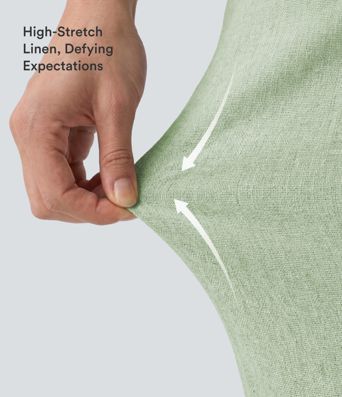 High Waisted Straight Leg 7/8 Casual Stretch Linen Pants with Pockets