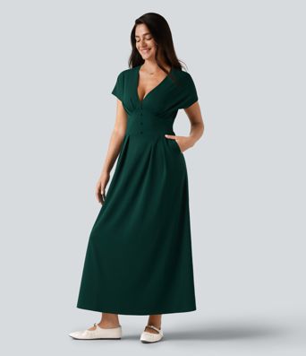 V-neck Batwing Short Sleeve Midi Casual Dress with Pockets V-neck Batwing Short Sleeve Midi Casual Dress with Pockets