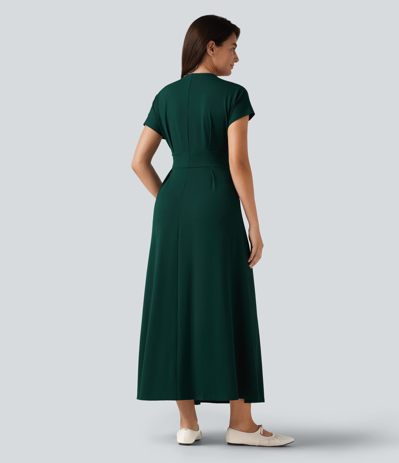 V-neck Batwing Short Sleeve Midi Casual Dress with Pockets V-neck Batwing Short Sleeve Midi Casual Dress with Pockets