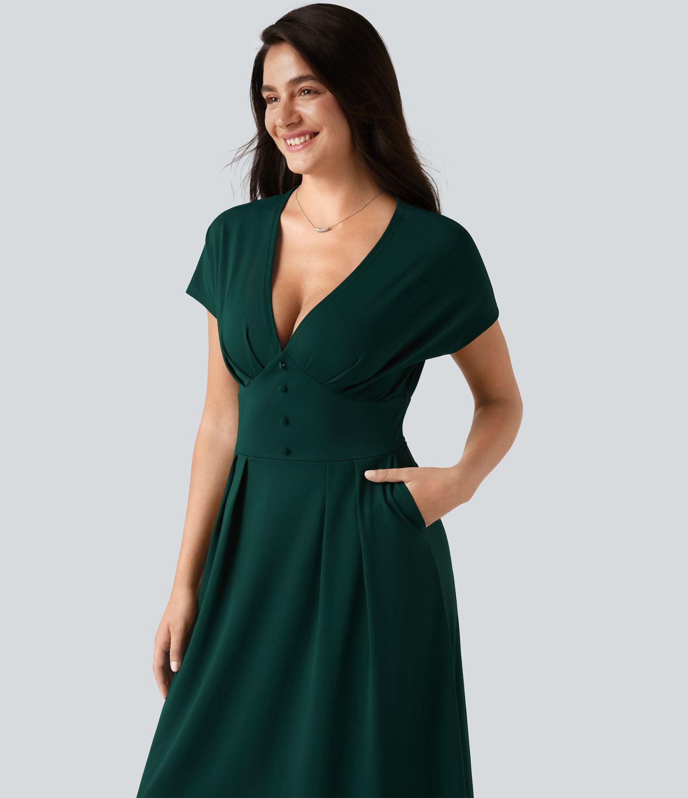V-neck Batwing Short Sleeve Midi Casual Dress with Pockets V-neck Batwing Short Sleeve Midi Casual Dress with Pockets