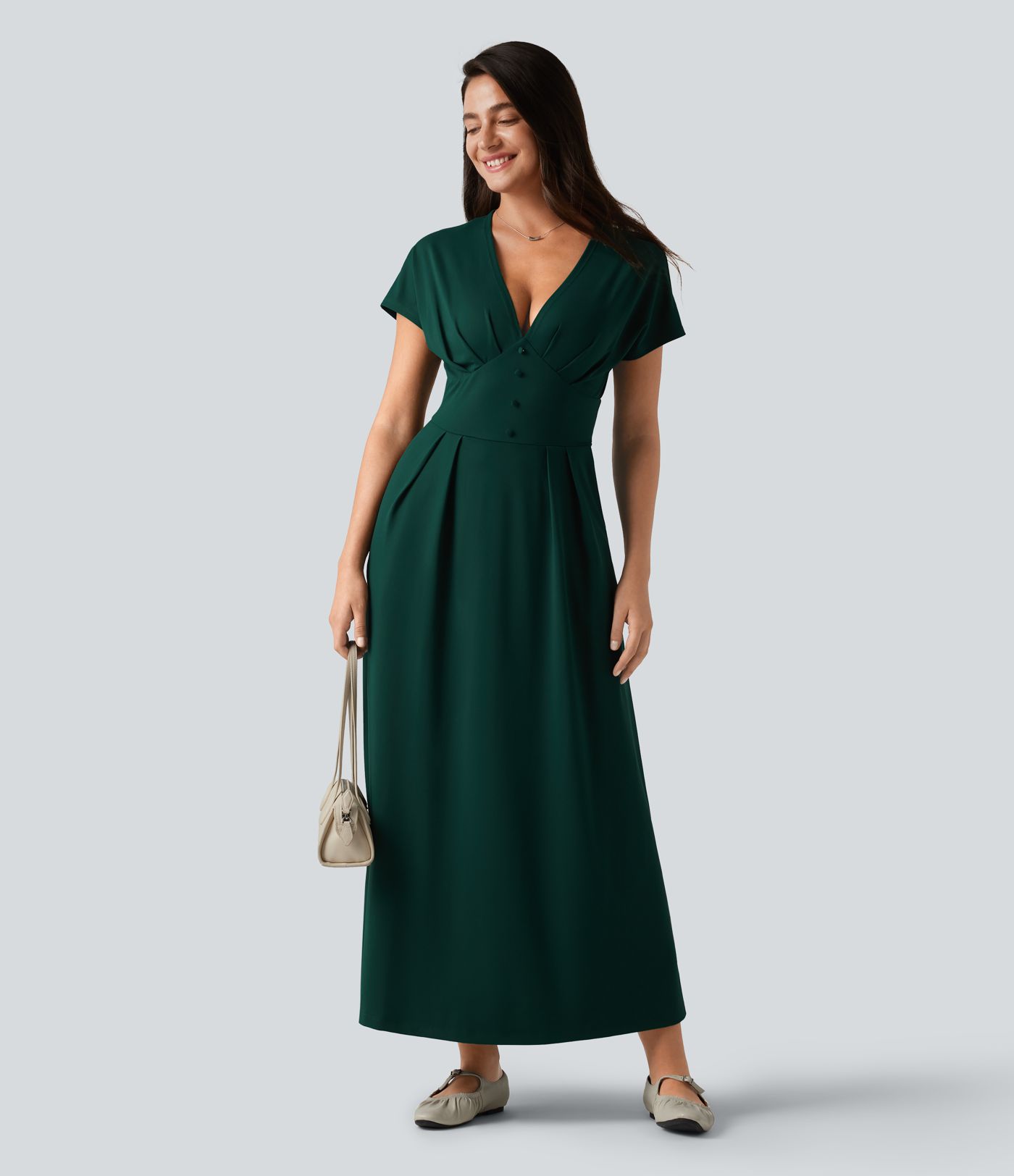 V-neck Batwing Short Sleeve Midi Casual Dress with Pockets V-neck Batwing Short Sleeve Midi Casual Dress with Pockets