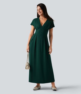V-neck Batwing Short Sleeve Midi Casual Dress with Pockets V-neck Batwing Short Sleeve Midi Casual Dress with Pockets