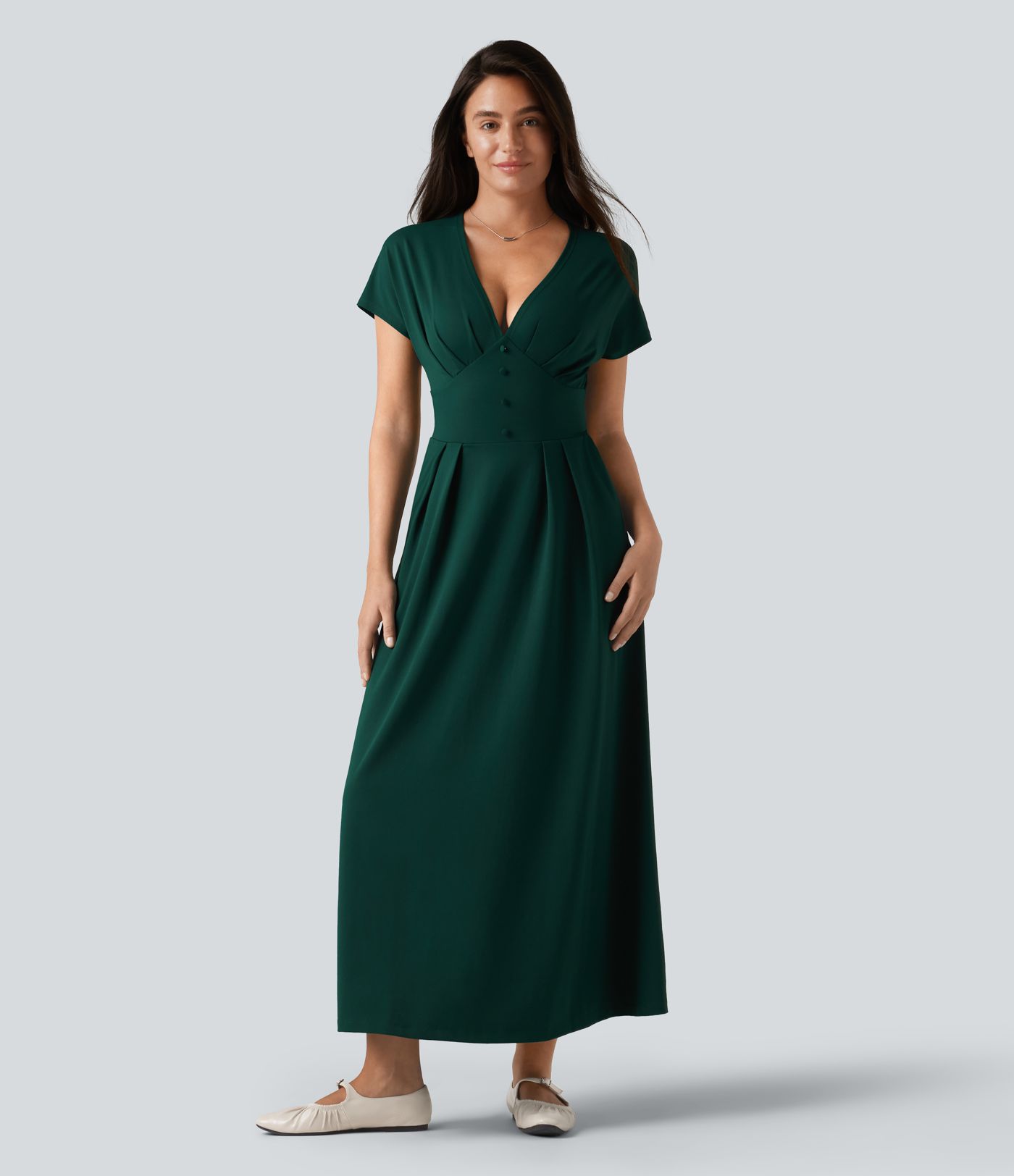 V-neck Batwing Short Sleeve Midi Casual Dress with Pockets V-neck Batwing Short Sleeve Midi Casual Dress with Pockets
