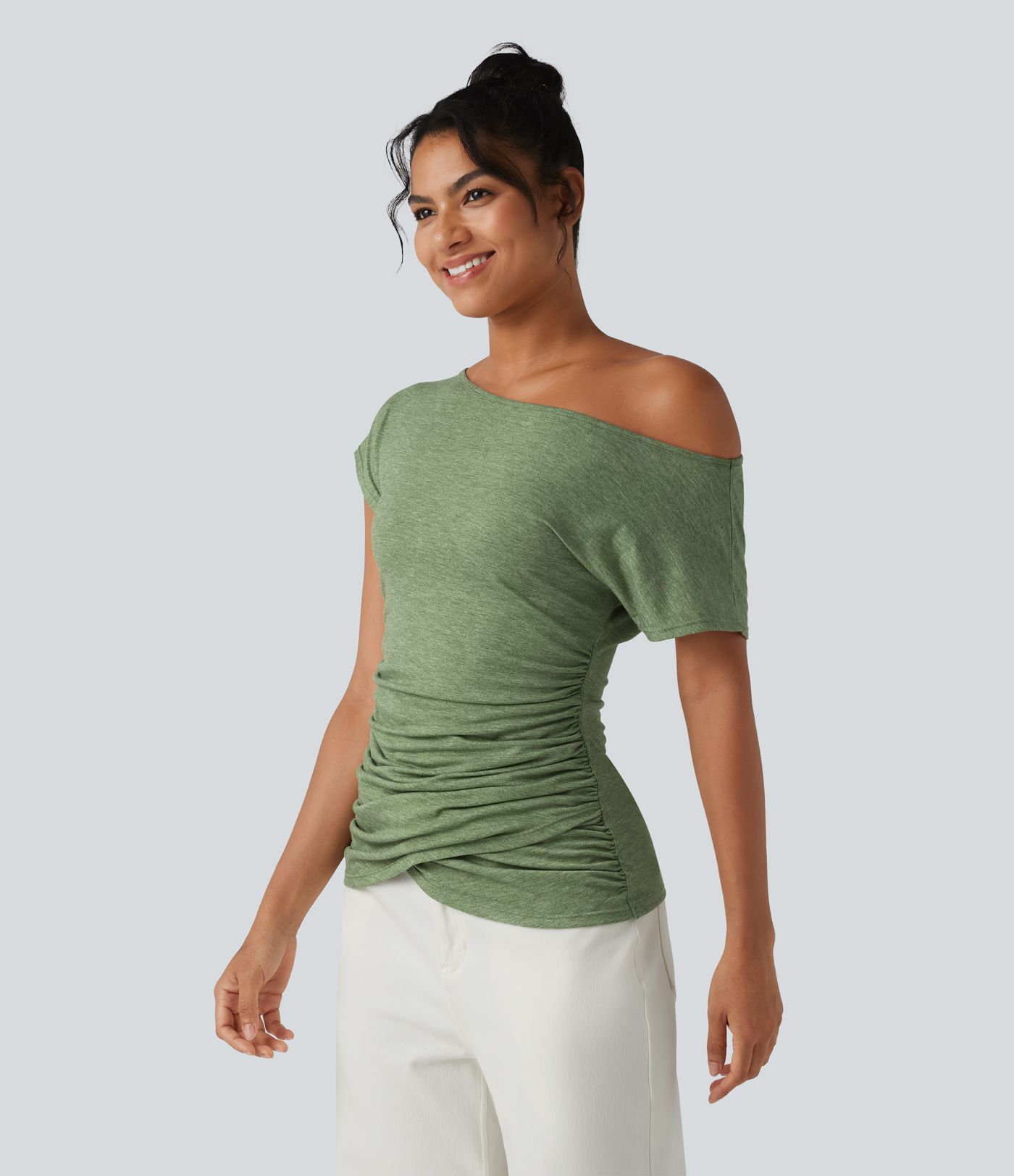 One Shoulder Short Sleeve Ruched Casual Top