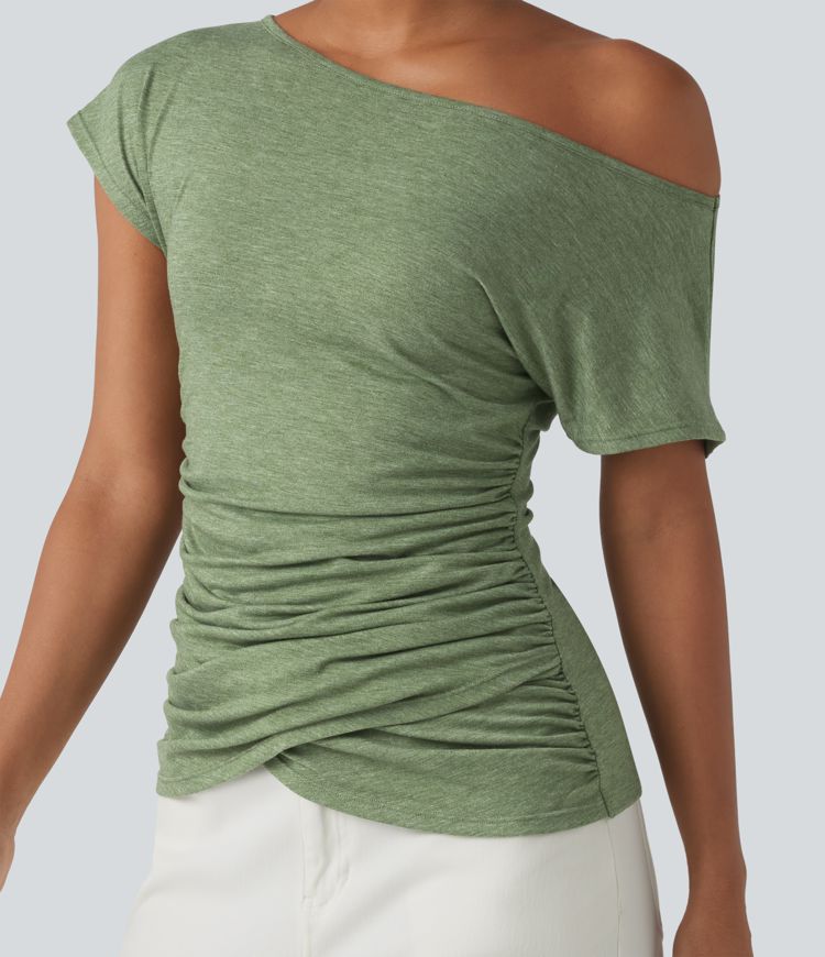 One Shoulder Short Sleeve Ruched Casual Top