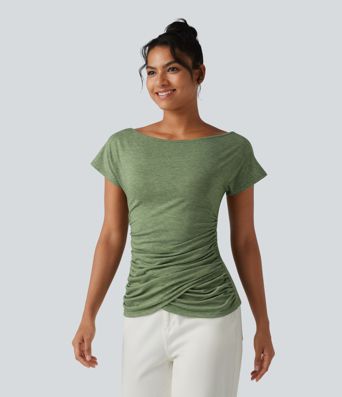 One Shoulder Short Sleeve Ruched Casual Top