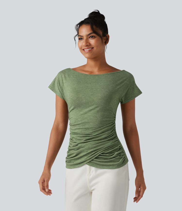 One Shoulder Short Sleeve Ruched Casual Top