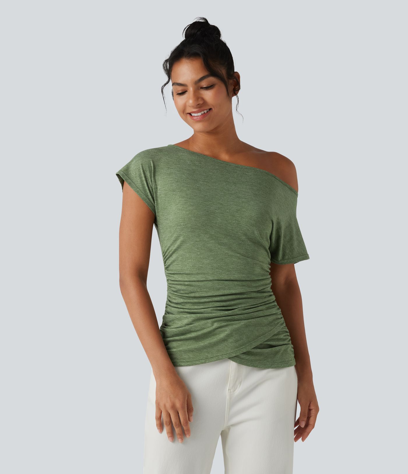 One Shoulder Short Sleeve Ruched Casual Top