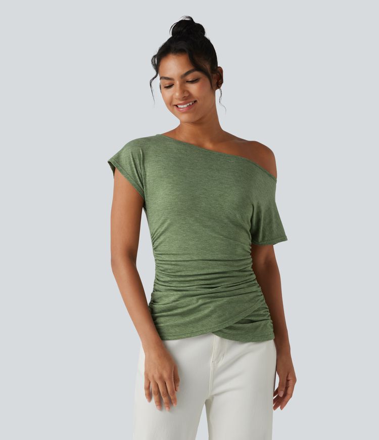 One Shoulder Short Sleeve Ruched Casual Top