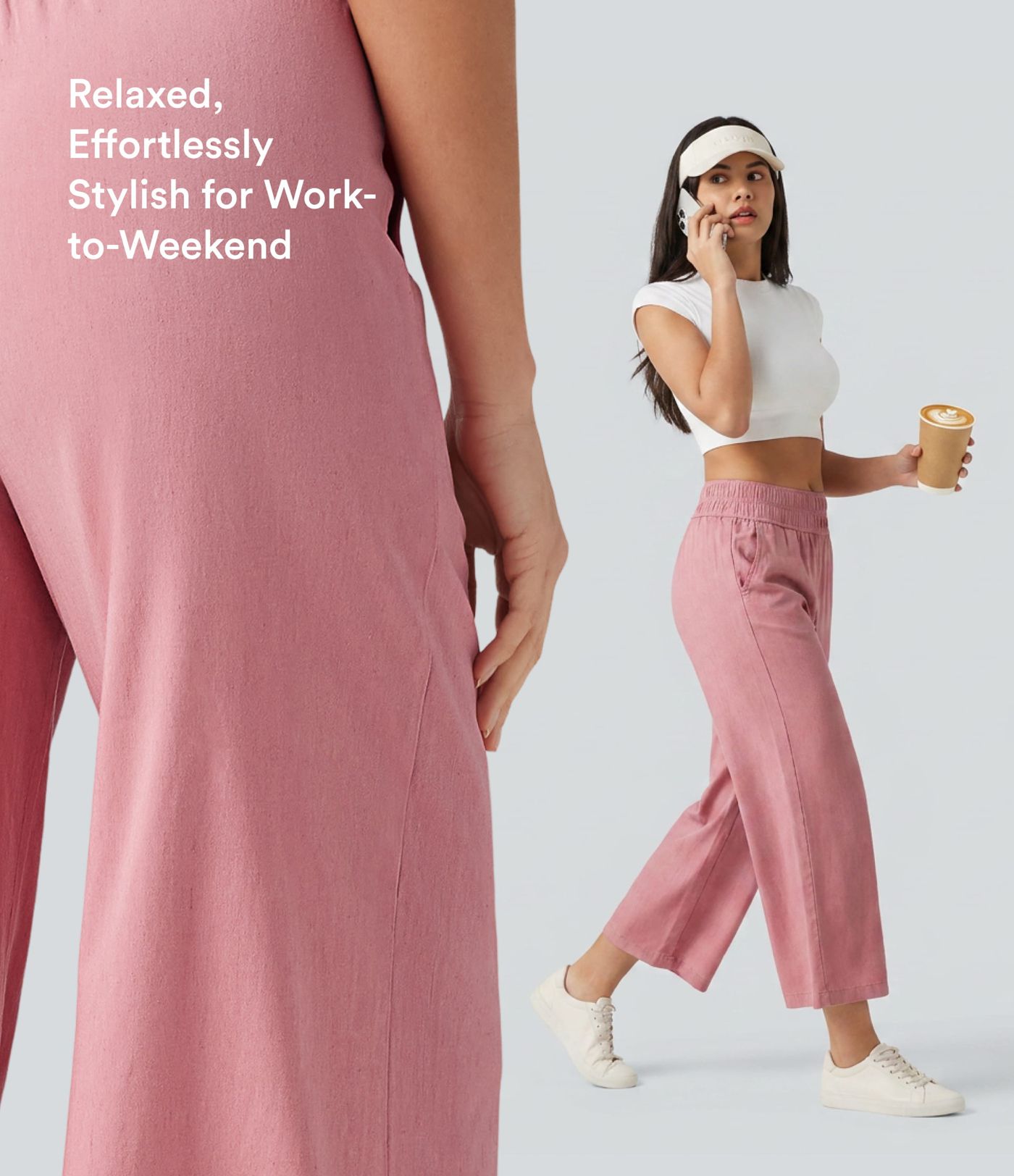 Mid Rise 7/8 Casual Stretch Linen Baggy Pants with Pockets