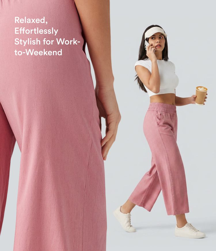 Mid Rise 7/8 Casual Stretch Linen Baggy Pants with Pockets