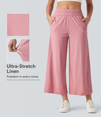 Mid Rise 7/8 Casual Stretch Linen Baggy Pants with Pockets