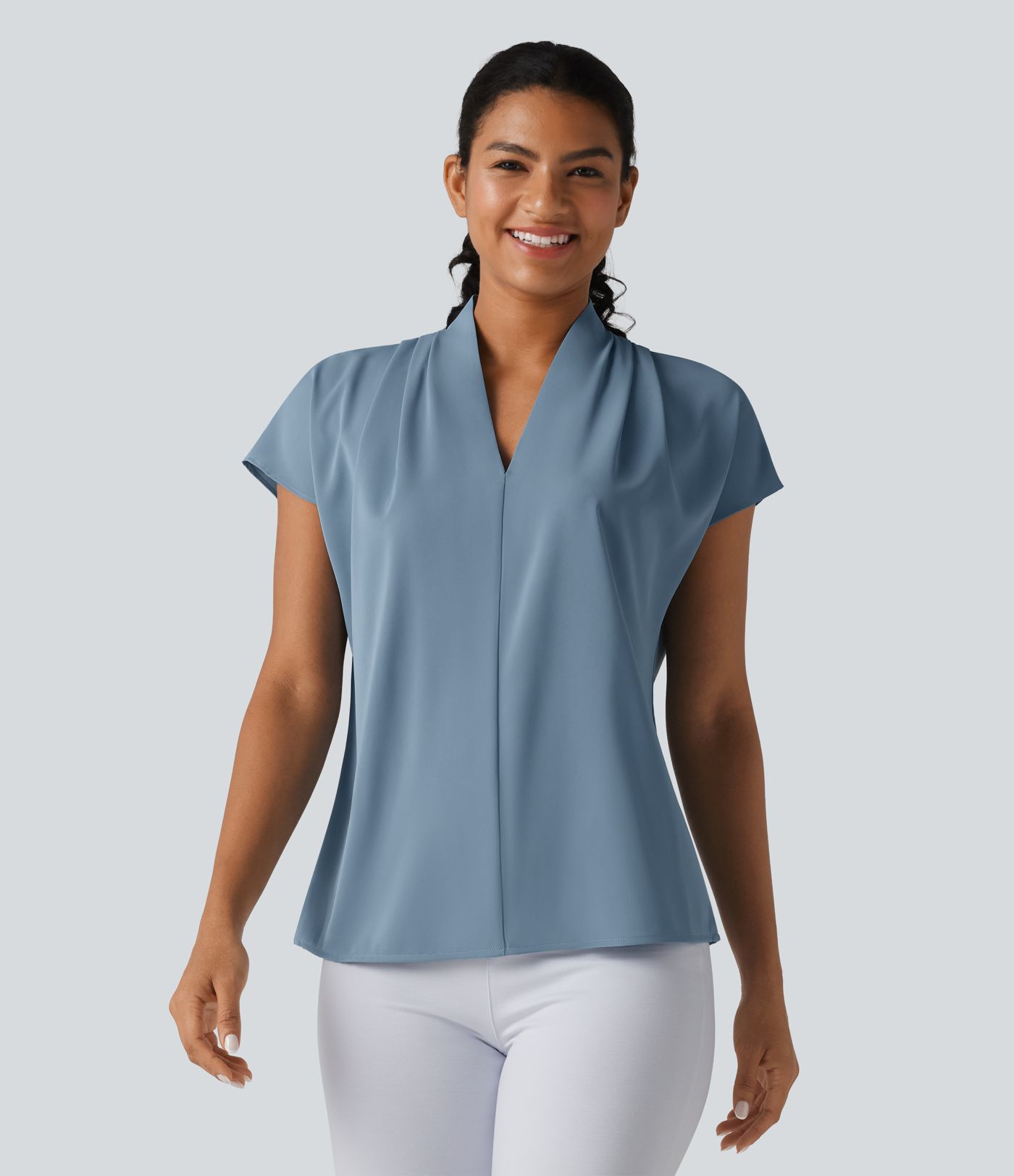 Wrinkle-resistant V-neck Batwing Sleeve Loose Fit Work Blouse