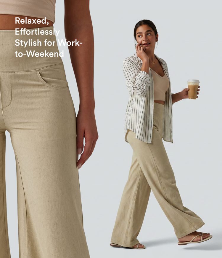 High Waisted Tummy Control Wide Leg Casual Stretch Linen Pants with Pockets High Waisted Tummy Control Wide Leg Casual Stretch Linen Pants with Pockets