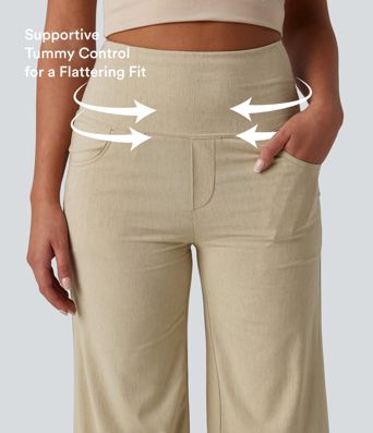High Waisted Tummy Control Wide Leg Casual Stretch Linen Pants with Pockets High Waisted Tummy Control Wide Leg Casual Stretch Linen Pants with Pockets