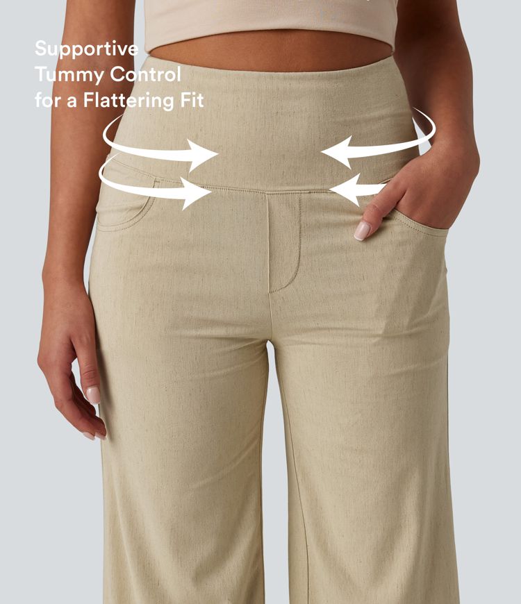 High Waisted Tummy Control Wide Leg Casual Stretch Linen Pants with Pockets High Waisted Tummy Control Wide Leg Casual Stretch Linen Pants with Pockets