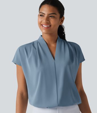 Wrinkle-resistant V-neck Batwing Sleeve Loose Fit Work Blouse