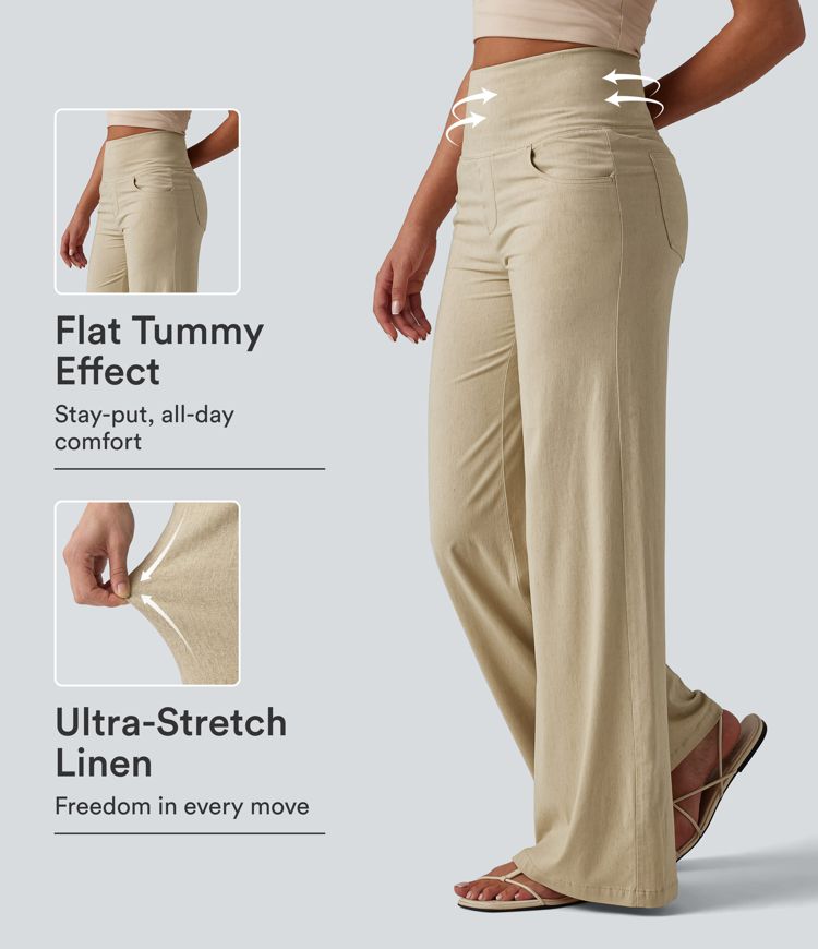 High Waisted Tummy Control Wide Leg Casual Stretch Linen Pants with Pockets High Waisted Tummy Control Wide Leg Casual Stretch Linen Pants with Pockets