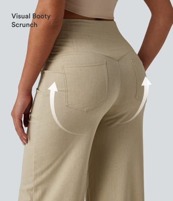 High Waisted Tummy Control Wide Leg Casual Stretch Linen Pants with Pockets High Waisted Tummy Control Wide Leg Casual Stretch Linen Pants with Pockets