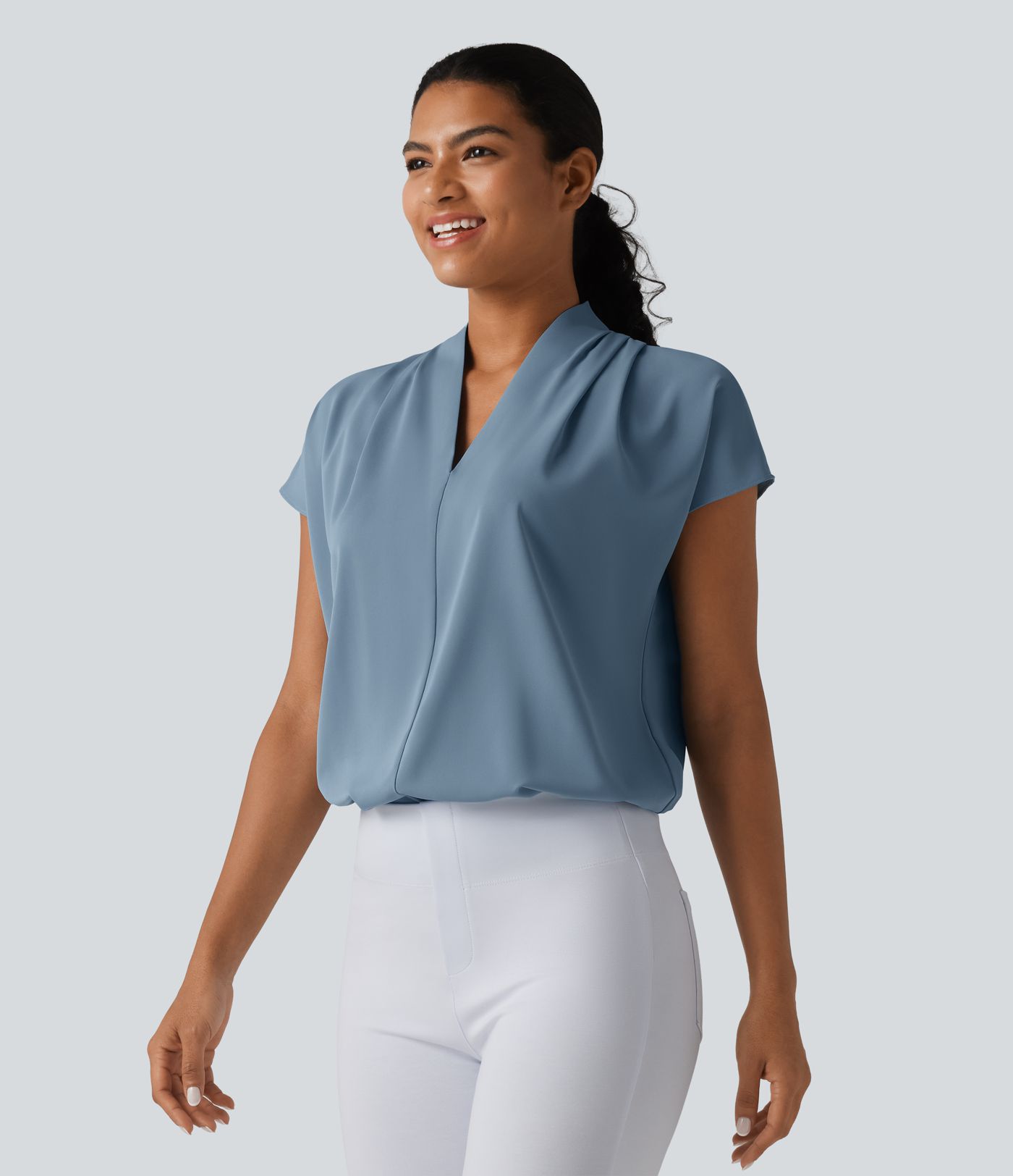 Wrinkle-resistant V-neck Batwing Sleeve Loose Fit Work Blouse