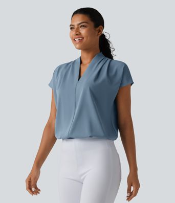 Wrinkle-resistant V-neck Batwing Sleeve Loose Fit Work Blouse