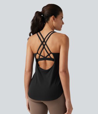Halara UltraSculpt™ Rückenfreies Lauf-Tanktop mit U-Ausschnitt und überkreuztem, abgerundetem Saum