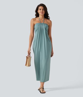 Robe longue dos nu col licou avec nœud et poches