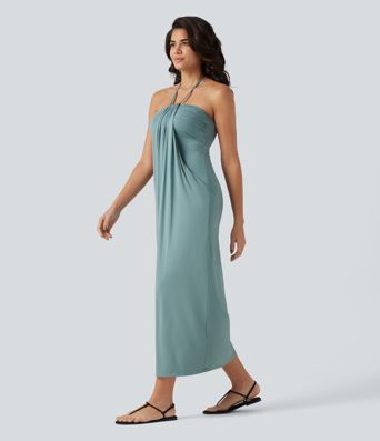 Robe longue dos nu col licou avec nœud et poches
