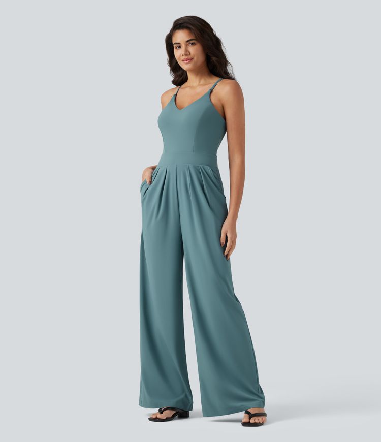 Breezeful™ Rückenfreier Urlaubs-Jumpsuit mit seitlichem, unsichtbarem Reißverschluss, Seitentaschen und weitem Bein - schnelltrocknend