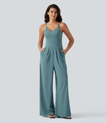 Breezeful™ Rückenfreier Urlaubs-Jumpsuit mit seitlichem, unsichtbarem Reißverschluss, Seitentaschen und weitem Bein - schnelltrocknend