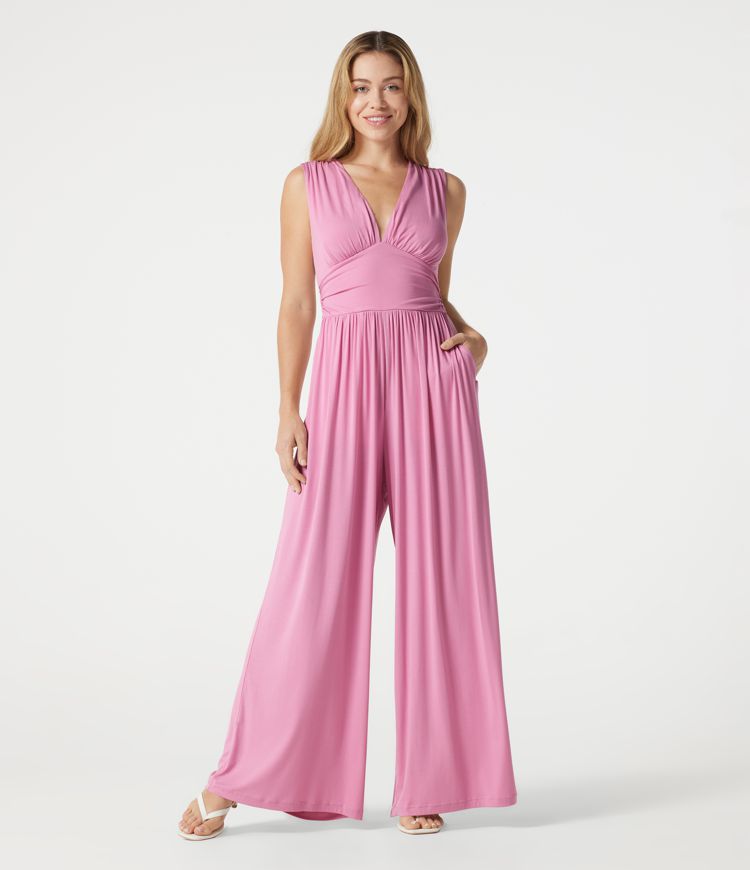 Sweet Lilac Ribbed V Neck Sleeveless Ruched Built-in Bra Casual Jumpsuit with Pockets-Easy Peezy Edition / 1