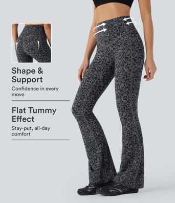 Halara UltraSculpt™ jóga legíny s leopardím vzorem, vysokým pasem, se zpevněním břicha, v bootcut střihu, s kapsami