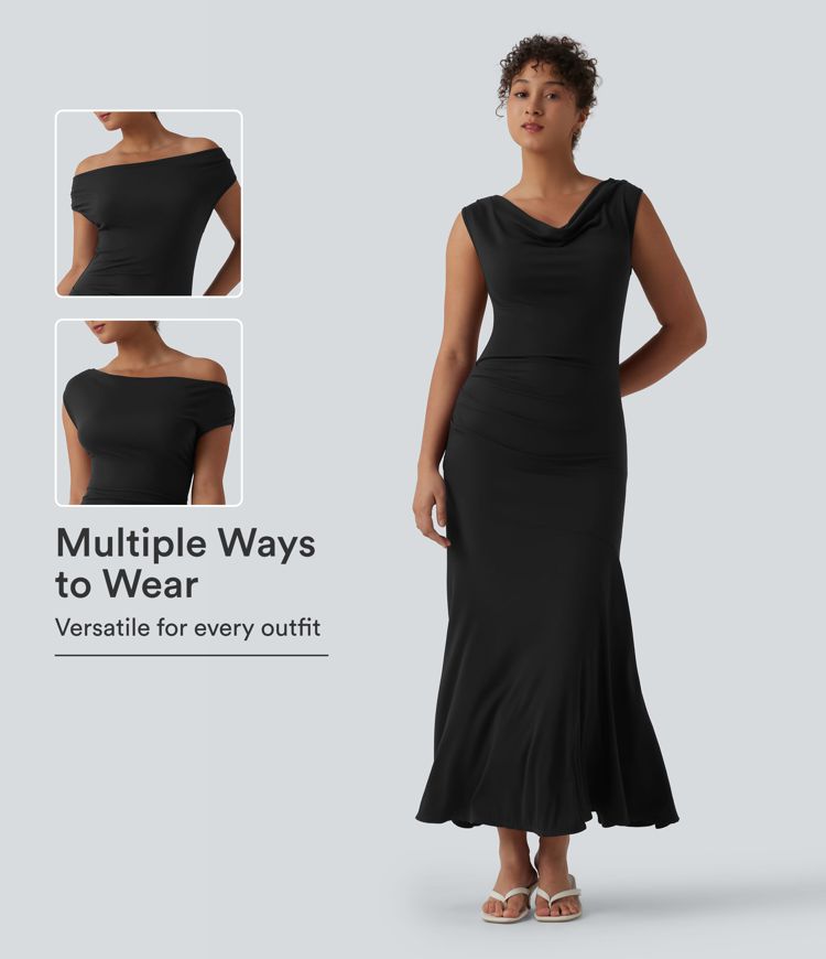 Geripptes, ärmelloses Maxikleid mit Wasserfallausschnitt, lässig