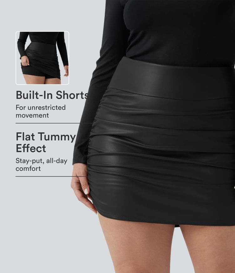 High Waisted Tummy Control Ruched Curved Hem 2-in-1 Fleece PU Mini Bodycon Party Plus Size Skirt High Waisted Tummy Control Ruched Curved Hem 2-in-1 Fleece PU Mini Bodycon Party Plus Size Skirt