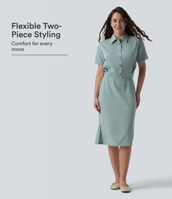 Short Sleeve 2-Piece Midi Work Linen-Feel Shirt Dress Short Sleeve 2-Piece Midi Work Linen-Feel Shirt Dress