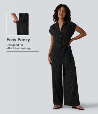 Short Sleeve Belted Stripe Cool Touch Work Shirt Jumpsuit with Pockets-Easy Peezy Edition Short Sleeve Belted Stripe Cool Touch Work Shirt Jumpsuit with Pockets-Easy Peezy Edition