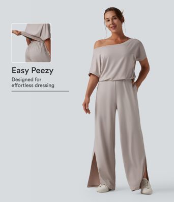 One-shoulder Short Sleeve Split Hem Casual Jumpsuit with Pockets-Easy Peezy One-shoulder Short Sleeve Split Hem Casual Jumpsuit with Pockets-Easy Peezy