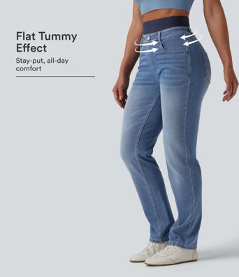Halara Flex™ Jeans mit doppeltem Bund, hoher Taille, bauchformender Wirkung, schlankem Schnitt, lässig, mit Taschen.