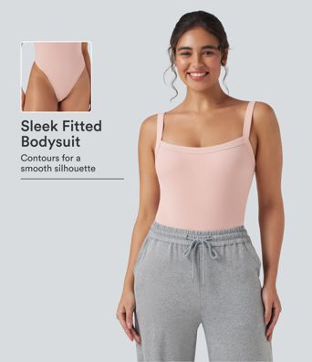 Ribbed Knit Square Neck Sleeveless Skinny Casual Bodysuit