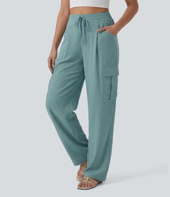 Pantalon cargo décontracté taille mi‑haute à cordon de serrage, coupe droite, aspect lin, avec poches Pantalon cargo décontracté taille mi‑haute à cordon de serrage, coupe droite, aspect lin, avec poches