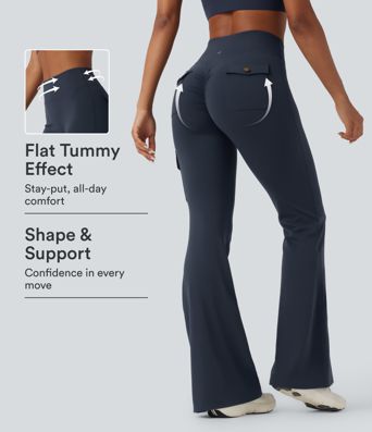 DayStretch High Waisted Tummy Control Ruched Workout Flare Pants with Pockets
