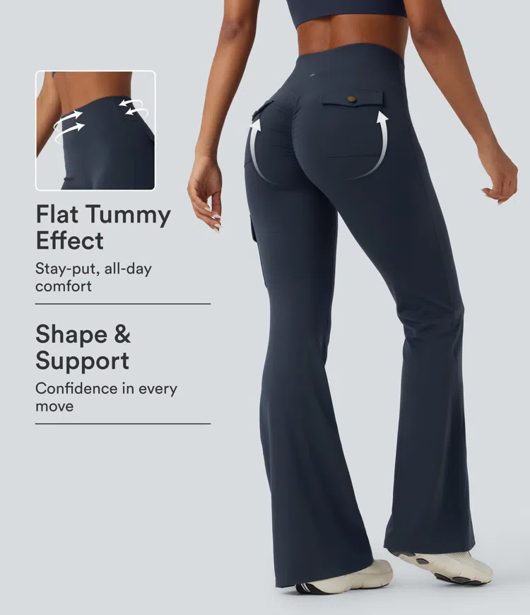 Midnight Blue DayStretch High Waisted Tummy Control Ruched Workout Flare Pants with Pockets / 1