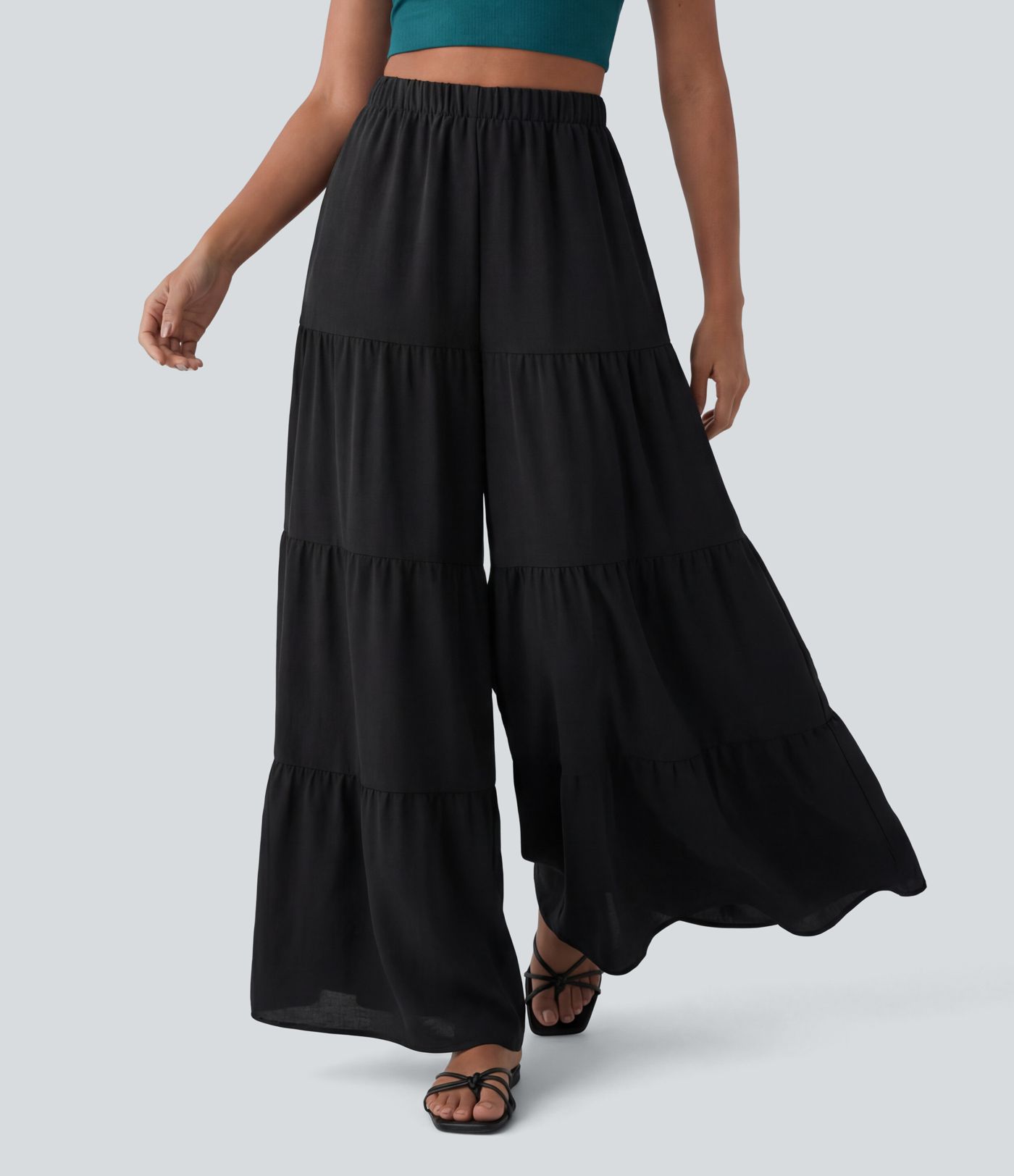 High Waisted Wide Leg Flowy Linen-Feel Pants with Pockets High Waisted Wide Leg Flowy Linen-Feel Pants with Pockets