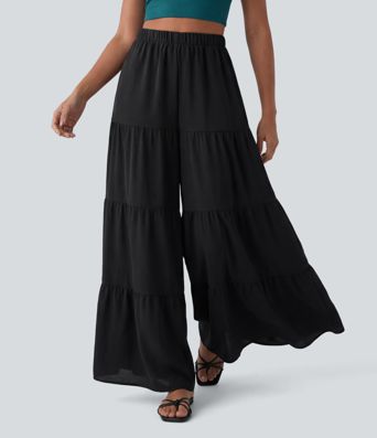 High Waisted Wide Leg Flowy Linen-Feel Pants with Pockets High Waisted Wide Leg Flowy Linen-Feel Pants with Pockets