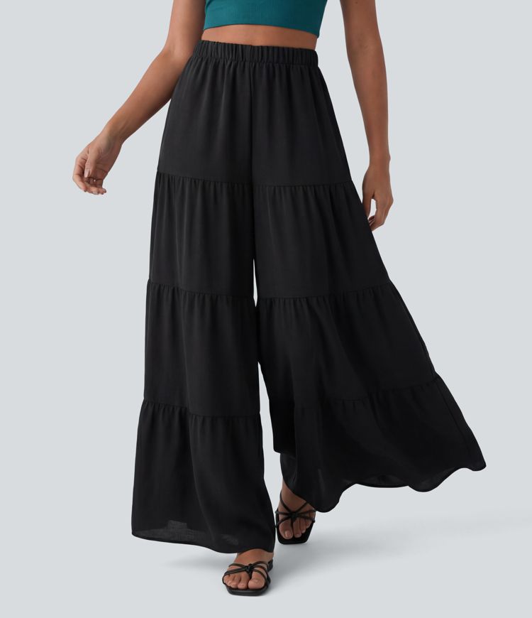 High Waisted Wide Leg Flowy Linen-Feel Pants with Pockets High Waisted Wide Leg Flowy Linen-Feel Pants with Pockets